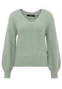 Ljusgrön, stickad tröja med V-ringning, ribbad nederkant och ballongärmar, som har ett strukturerat stickmönster över kroppen.