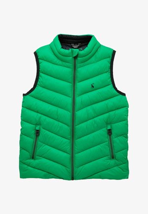 Roheline tepitud varrukateta vest musta äärisega, ees tõmblukk, tõmblukuga küljetaskud ja väike must logo rinnal.