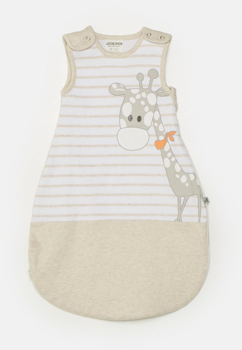 Ujjatlan baba hálózsák világos bézs és fehér csíkokkal, amelyen egy szürke zsiráf minta és egy narancssárga nyakkendő látható. Puha pamut anyagból készült.