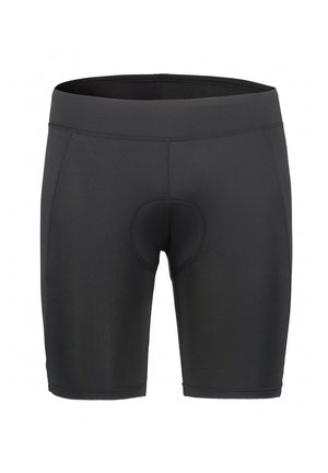 Schwarze Sportshorts aus dehnbarem Material, mit einem gepolsterten Innenbereich, einer enganliegenden Passform und Flatlock-Nähten für zusätzlichen Komfort.