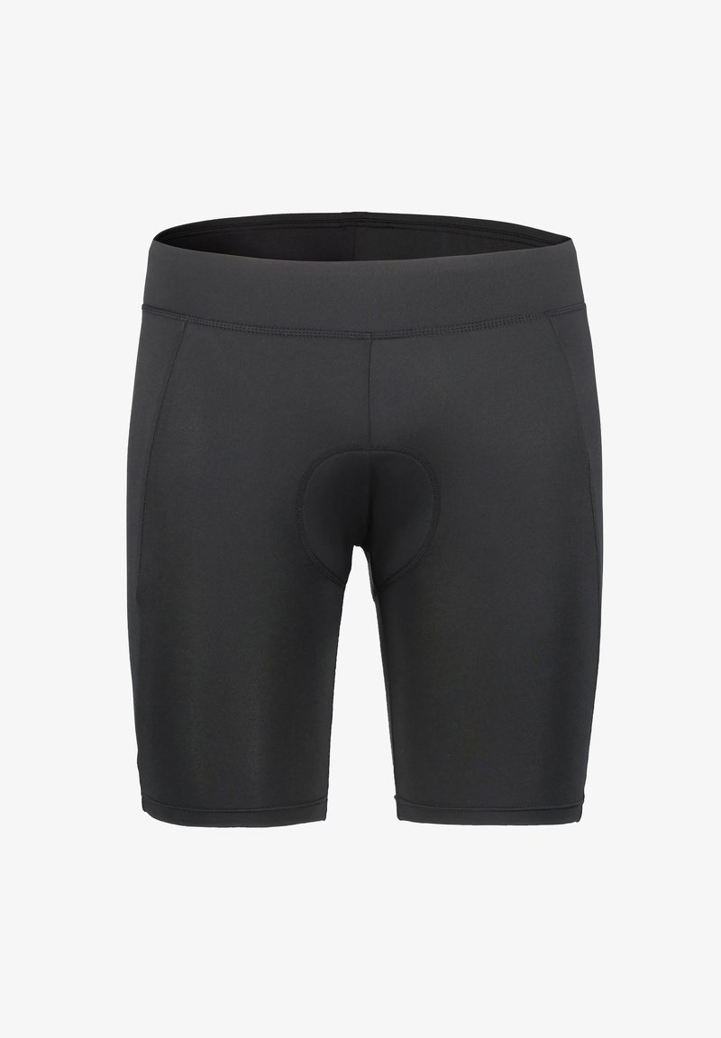 Pantalones cortos deportivos negros fabricados en material elástico, con una sección interna acolchada, un diseño ajustado y costuras planas para mayor comodidad.