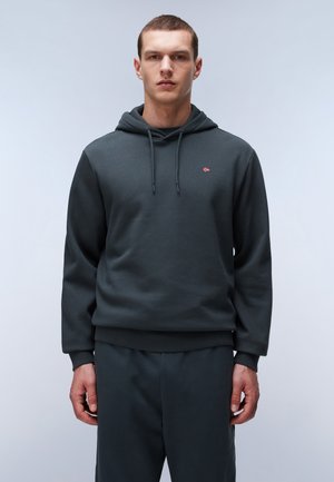 Donkergroene hoodie gemaakt van zachte stof, met een kangoeroezak, geribde manchetten en een klein logo op de borst.