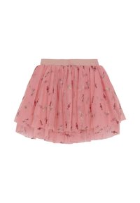 Pink tulle skirt with layered ruffles, featuring metallic floral embroidery accents and a soft elastic waistband.