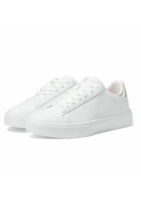 Sneaker in pelle bianca con finitura liscia, punta arrotondata, design con lacci e cuciture laterali sottili. Il tallone presenta un'accento riflettente.