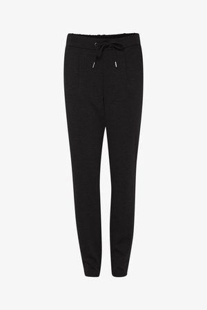 Black sweatpants made of soft fabric, featuring a drawstring waist, two side pockets, and a tapered leg design.