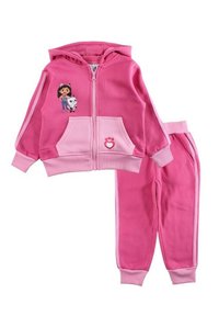 Ensemble sweat à capuche rose et pantalon assorti, fabriqué en tissu doux. Le sweat à capuche comporte une fermeture éclair à l'avant, des poches et un motif graphique représentant une fille avec un animal de compagnie.