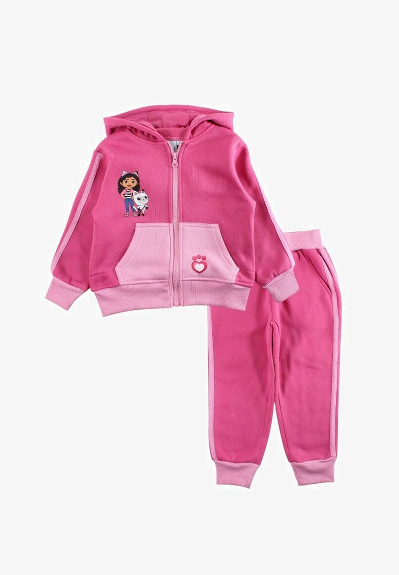 Ensemble sweat à capuche rose et pantalon assorti, fabriqué en tissu doux. Le sweat à capuche comporte une fermeture éclair à l'avant, des poches et un motif graphique représentant une fille avec un animal de compagnie.