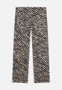 Beige en zwarte wijde broek met zebraprint, voorzien van achterzakken en een gestructureerde afwerking. Platte tailleband met ceintuurlussen.