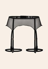 Zwarte sheer kousenband met een elastische tailleband, verstelbare banden en een gegolfde rand. Accenten van goudkleurig hardware.