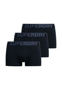 Trzy pary czarnych bawełnianych bokserów z niebieskim elastycznym paskiem w talii z logo "SUPERDRY". Gładka tekstura i dopasowany krój.