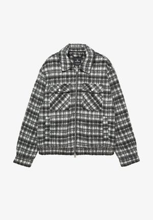 Geruit jack van een wolmix in zwart en wit, met een rits aan de voorkant, twee borstzakken en een kraag.