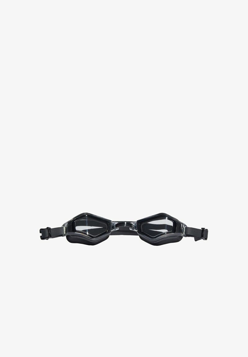 Lunettes de natation noires avec verres transparents et sangles noires réglables sur fond blanc.