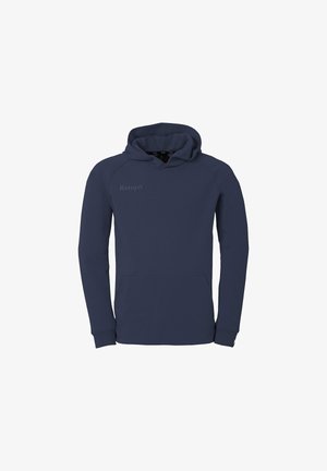 Navyblauwe hoodie van zacht materiaal, met een voorkantzak, ribgebreide boorden en een capuchon met trekkoord. Geborduurd "Kempa" logo op de borst.