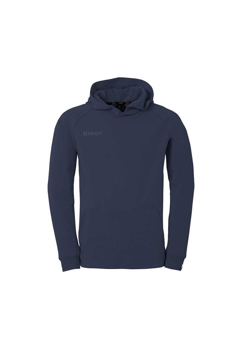 Dunkelblaue Kapuzenjacke aus weichem Material, mit einer Fronttasche, gerippten Bündchen und einer Kapuze mit Kordelzug. Gesticktes "Kempa"-Logo auf der Brust.