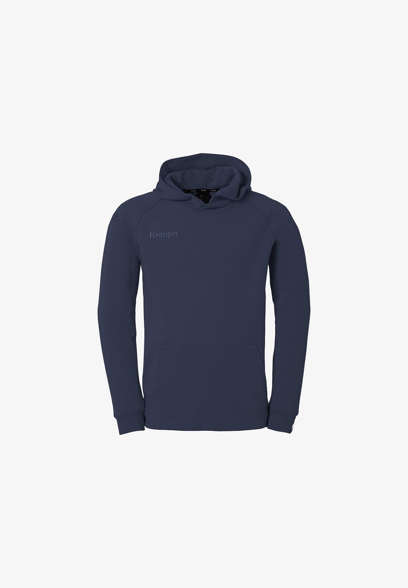 Dunkelblaue Kapuzenjacke aus weichem Material, mit einer Fronttasche, gerippten Bündchen und einer Kapuze mit Kordelzug. Gesticktes "Kempa"-Logo auf der Brust.