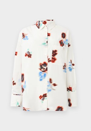 White button-up shirt with floral pattern in red and blue. Features a chest pocket and cuffed long sleeves. Made of smooth fabric.
