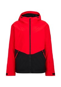 Rote und schwarze wasserdichte Jacke mit Kapuze, mit einem Reißverschluss vorne, zwei Seitentaschen und einem geometrischen Design. Robustes Material, moderne Silhouette.