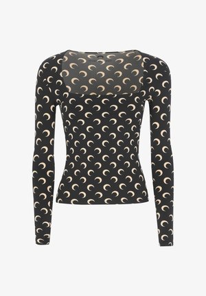 Top nero a maniche lunghe con scollo rotondo, caratterizzato da un motivo a mezzaluna color crema su tutta la superficie e un pannello posteriore trasparente.