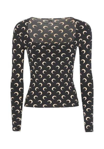 Top nero a maniche lunghe con scollo rotondo, caratterizzato da un motivo a mezzaluna color crema su tutta la superficie e un pannello posteriore trasparente.