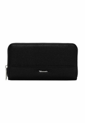 Zwart leren portemonnee met een gestructureerd oppervlak, ritssluiting en zilveren beslag. Heeft een voorvak met logodetails.