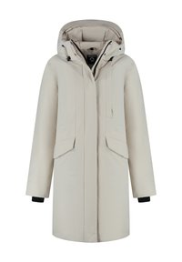 Beige lange winterjas met capuchon, voorkantrits, klepzakken en zwarte binnen manchetten.