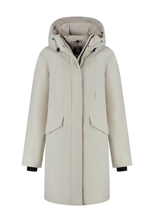 Beige lange winterjas met capuchon, voorkantrits, klepzakken en zwarte binnen manchetten.