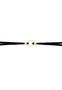 Sort læderchoker med to fine stropper og en central guldfarvet cirkulær accent. Glat tekstur med minimalistisk design.
