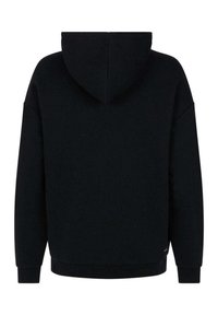 Felpa nera con cappuccio, maniche lunghe, polsi e orlo a costine, e una vestibilità classica. Tessuto morbido con una texture liscia.