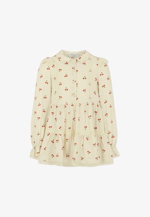 Lichtcrème lange mouw jurk met een kraag, voorzien van een kersenprint, gerimpelde schouders en een gelaagde zoom. Knopen sluiting aan de voorkant.