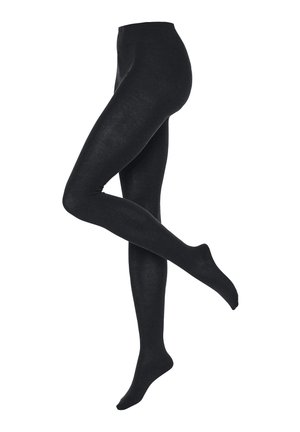 Zwarte ondoorzichtige panty’s met een gladde textuur en hoge tailleband, ontworpen om de benen volledig te bedekken, met een naadloze constructie.