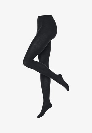 Zwarte ondoorzichtige panty’s met een gladde textuur en hoge tailleband, ontworpen om de benen volledig te bedekken, met een naadloze constructie.