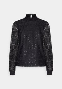 Blouse en dentelle noire avec un col montant, des manches longues, des poignets élastiques et des détails pailletés ; motif floral sur l'ensemble du tissu.