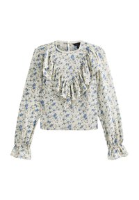 Blusa floreale in tessuto crema, con motivi di fiori blu. Dettaglio frontale arricciato e maniche lunghe con polsini arricciati. Apertura a chiave sul retro.