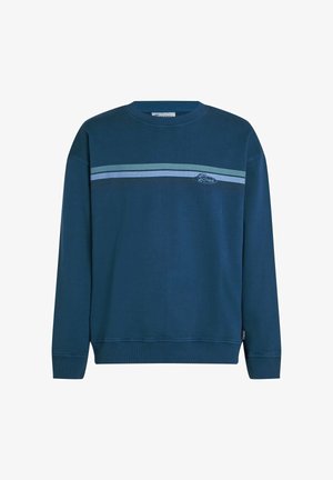 Tumesinine puuvillasegune ümmarguse kaelusega pusa, millel on helesinised horisontaalsed triibud ja rinnal logo. Soonilised varrukaservad ja ääred.