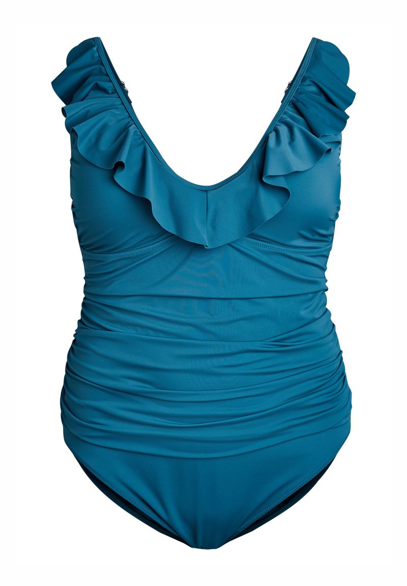 Tirkīzs viengabala peldkostīms ar volāniem ap kaklu, sakrullētām sānu daļām un gludu, elastīgu audumu. Rūpīgi izgriezta mugura.