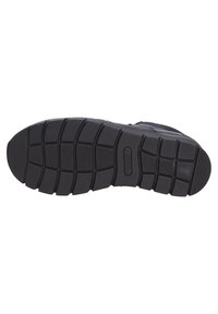 Semelle de chaussure en caoutchouc noir présentant un design texturé et structuré avec de profonds canaux pour une adhérence et une stabilité accrues.