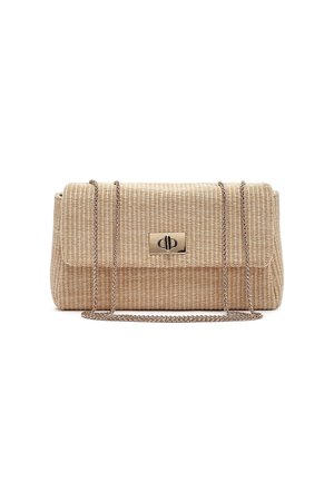 Beige geweven handtas met klepsluiting en metalen draaivergrendeling, voorzien van een lange, dunne metalen kettingriem, afgebeeld op een witte achtergrond.