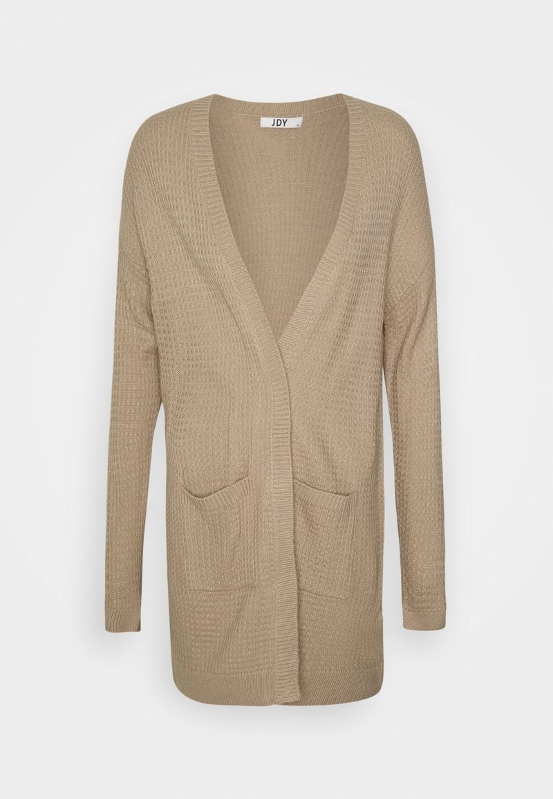 Cardigan en maille beige avec manches longues, deux poches avant, devant ouvert et bord côtelé le long des bords.