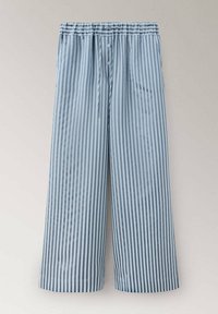 Pantalon ample à rayures verticales bleu et blanc avec une taille élastique et deux boutons devant sur fond neutre.
