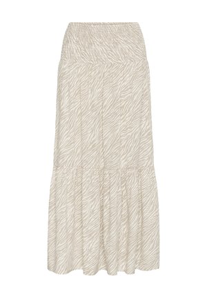 Lightweight, beige skirt with a subtle zebra pattern, featuring an elastic waistband and a tiered design for added texture and flow.