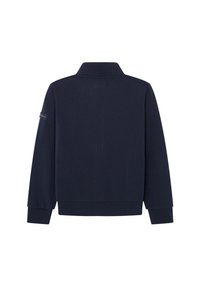 Sweat-shirt bleu marine avec col haut, manches longues, poignets côtelés et texture unie. Présente un petit logo sur la manche.