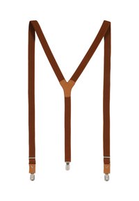 Brown fabric suspenders with leather accents, adjustable Y-back design, and silver metal clips for attachment. Textured surface.
