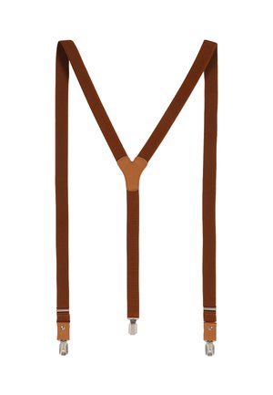 Braune Stoff-Träger mit Lederakzenten, verstellbarem Y-Rücken-Design und silbernen Metallclips zur Befestigung. Strukturierte Oberfläche.