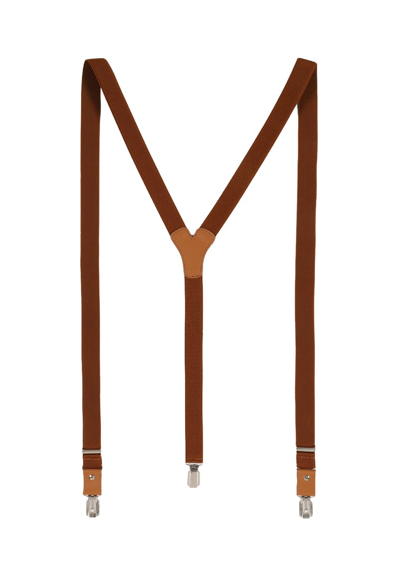 Brown fabric suspenders with leather accents, adjustable Y-back design, and silver metal clips for attachment. Textured surface.