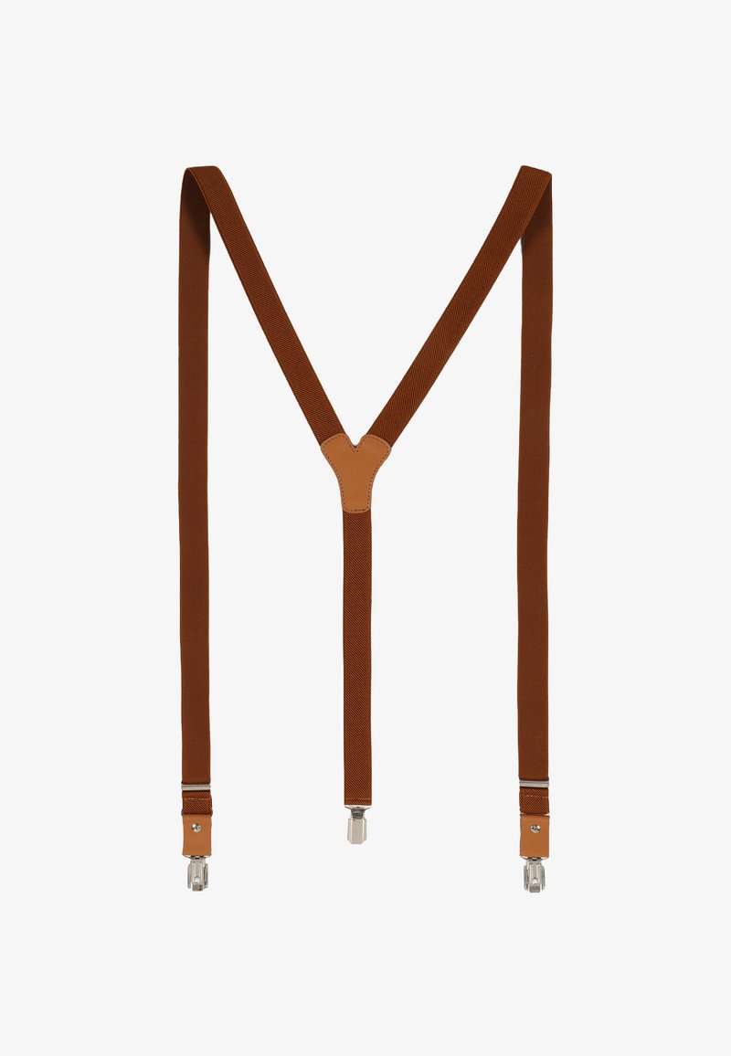 Brown fabric suspenders with leather accents, adjustable Y-back design, and silver metal clips for attachment. Textured surface.