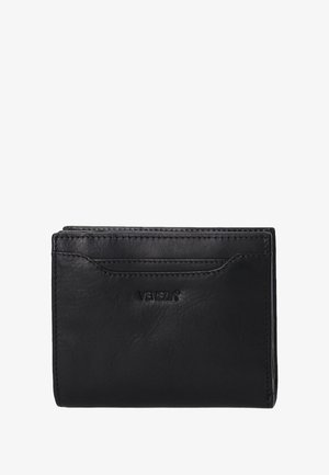 Schwarze Lederbrieftasche mit glatter Oberfläche, versehen mit einem Logo und Kartenfächern. Sie hat eine kompakte rechteckige Form. Minimalistisches Design.