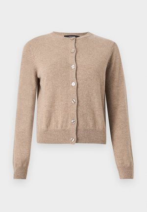 Beige cardigan made of soft fabric; features a round neck and full-length sleeves. Seven decorative buttons down the front enhance the design.