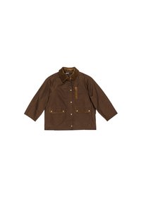 Hnedá bunda vyrobená z jemného materiálu, s manžetou z ryžového vzoru, dvoma prednými vreckami so zapínaním na gombík a uvoľneným strihom.