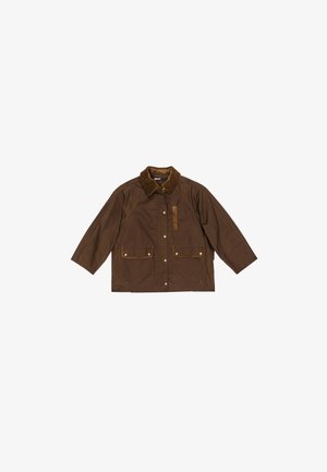 Rudas švarkas pagamintas iš minkštos medžiagos, turi kordūrinį apykaklę, dvi priekinės kišenes su mygtukų uždarymu ir laisvo kirpimo dizainą.