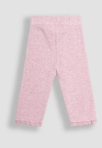 Pink ribbed leggings with a wide elastic waistband, featuring scalloped edges at the hem. Soft texture, designed for comfort.